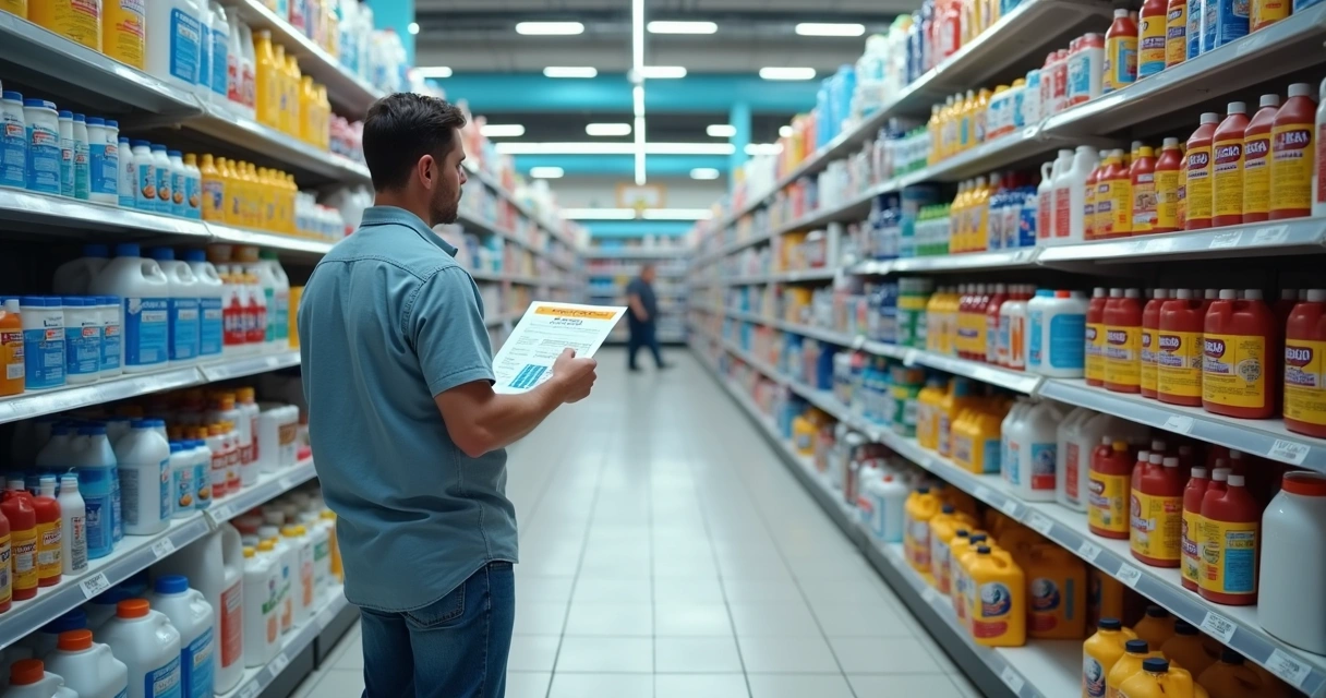 Homeowner looking at pool chemicals on shop shelves 