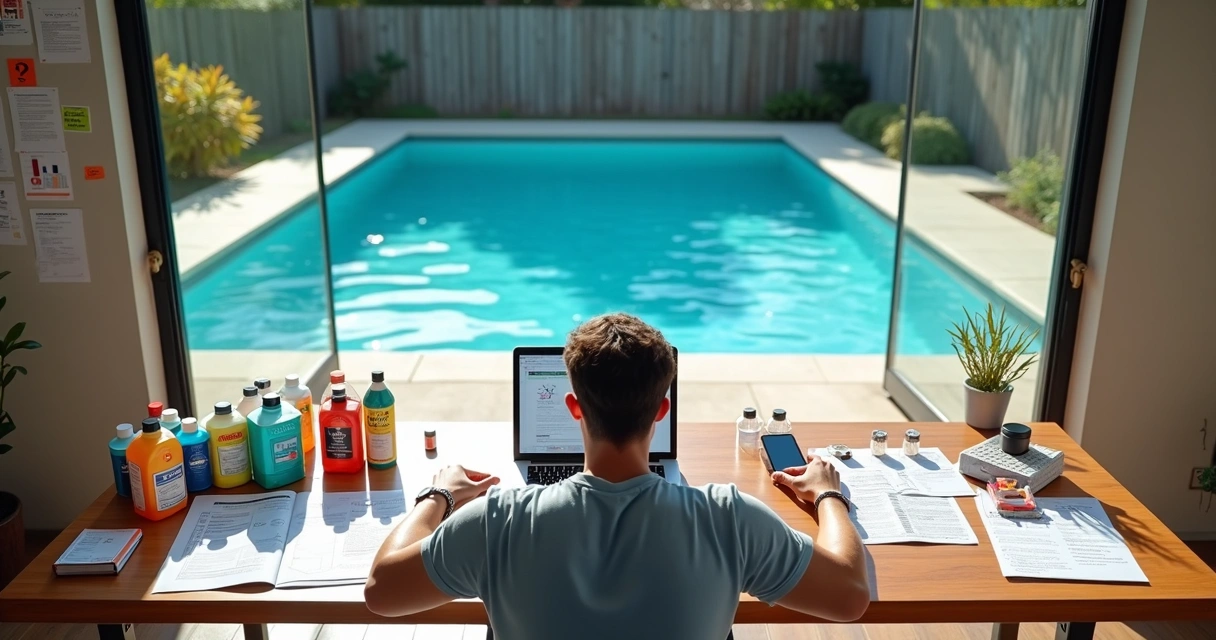 Overhead view of pool owner surrounded by confusing pool chemical bottles and charts 