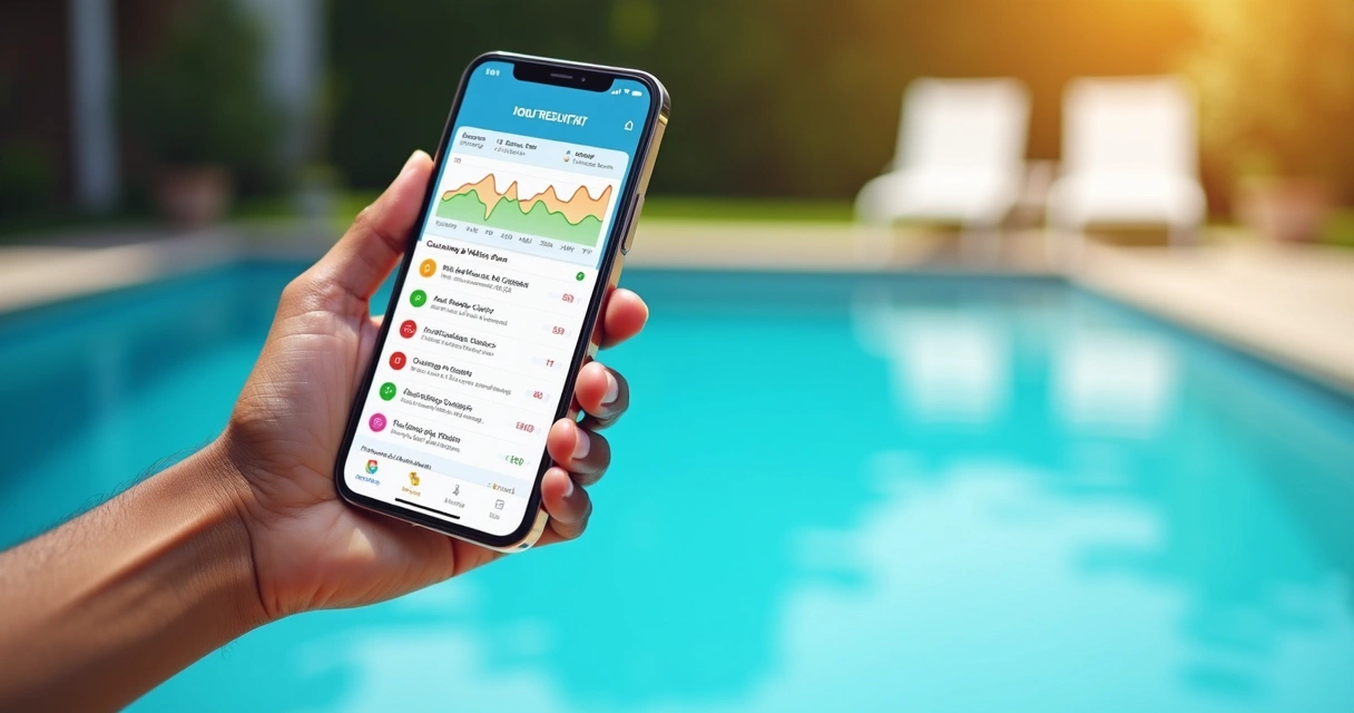 Close-up of a pool chemistry dashboard on a mobile screen