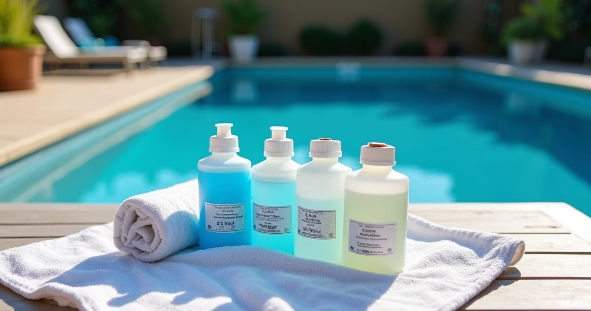 Pool water testing kit and chemicals on a table