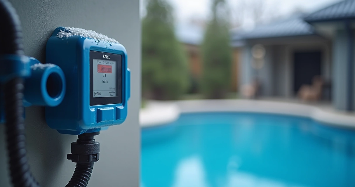 Pool chlorinator control panel showing low temperature warning 