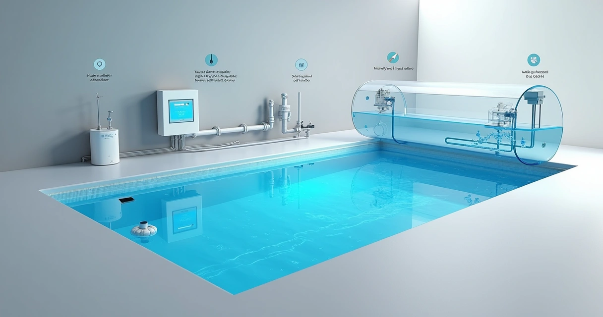 Cutaway-style view of different pool chlorinator types around a bright blue pool 