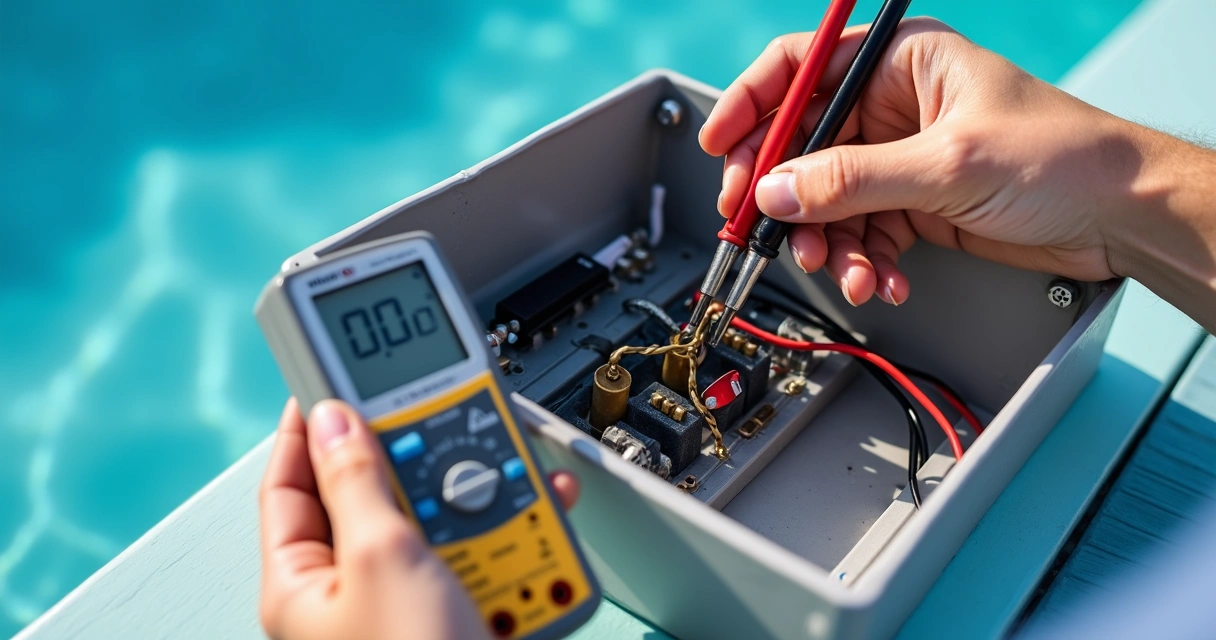 Pool chlorinator control box open, user checking fuses with multimeter 