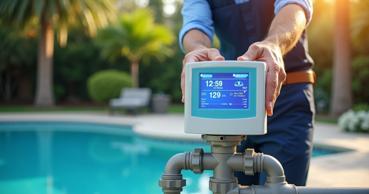 Pool technician installing a modern salt chlorinator system with visible control panel and pipes 