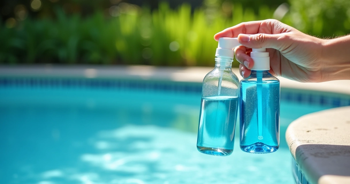 Hand holding a bottle of pool clarifier next to a bottle of pool flocculant, next to a pool with cloudy water 