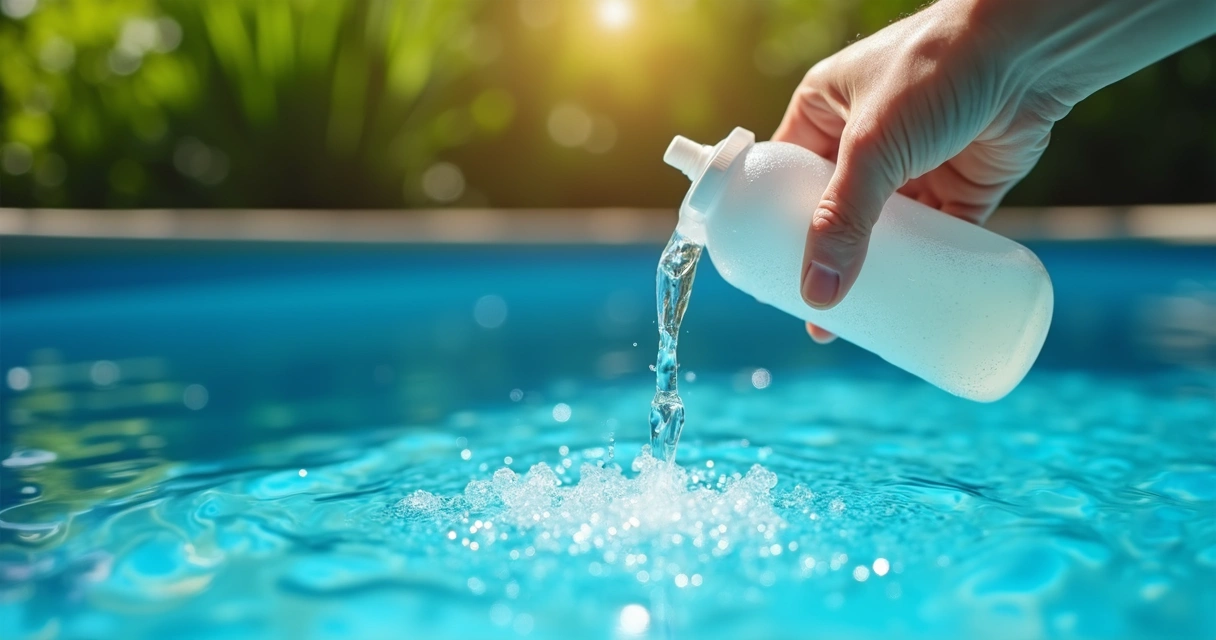 Pool clarifier being poured into a clear backyard pool 