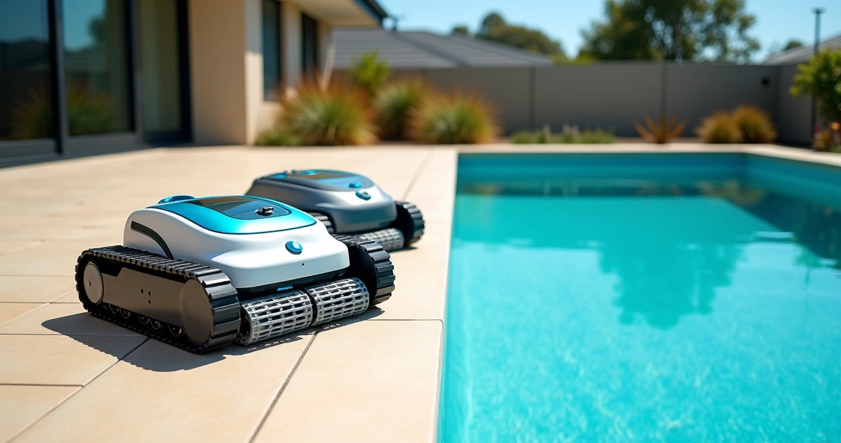 Various robotic and suction pool cleaners laid out beside a clean Australian backyard pool 