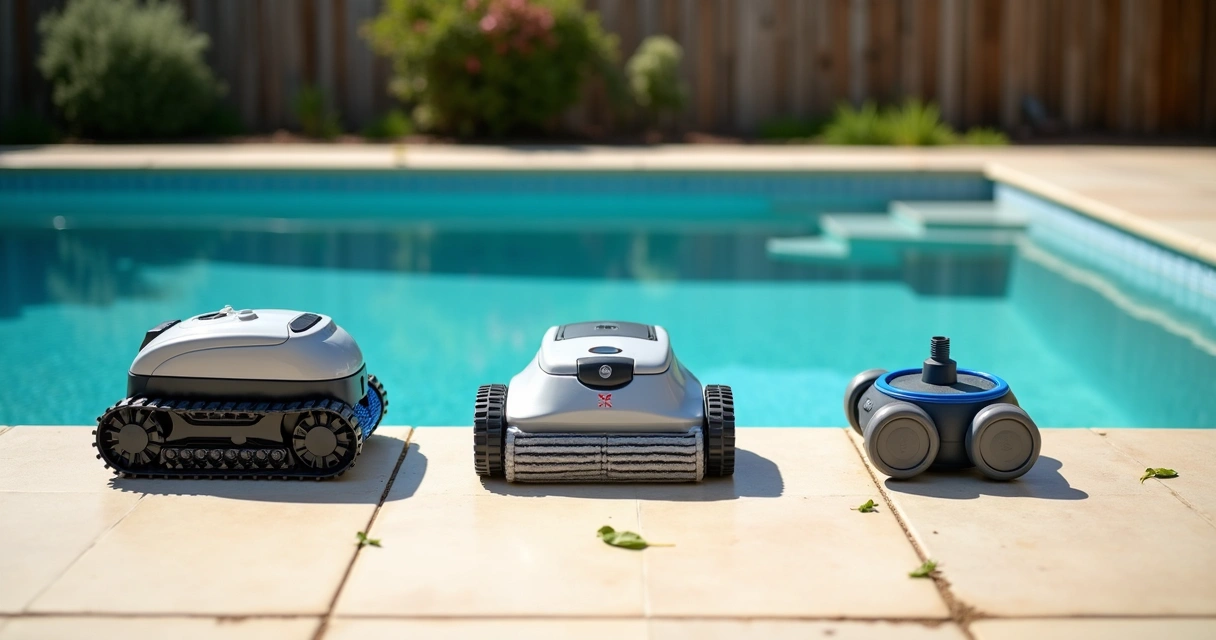 Backyard pool deck with robotic, pressure, and suction pool cleaners side by side 