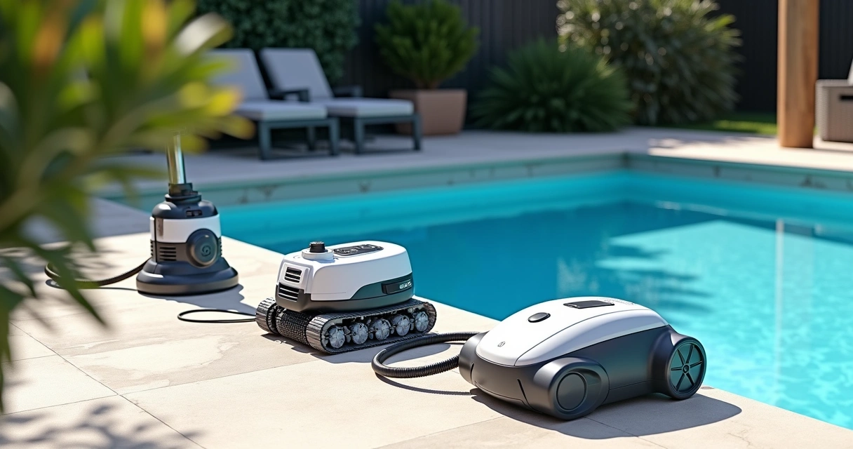 Three pool cleaner types beside an outdoor backyard pool 