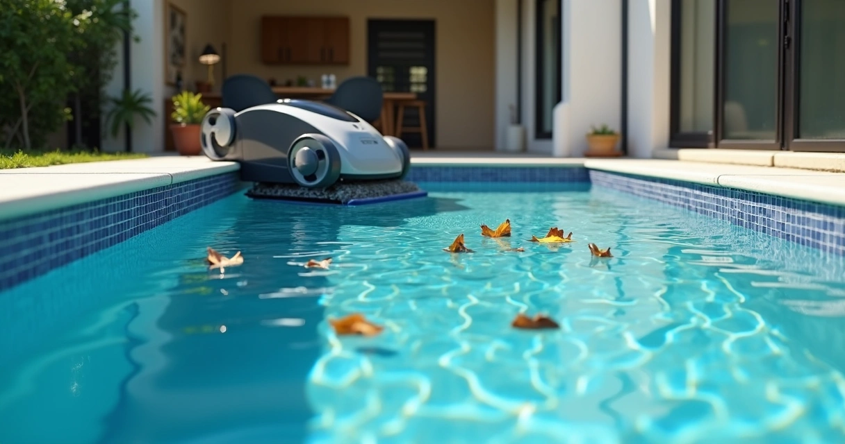 Pool cleaning robot at the edge of a backyard pool 