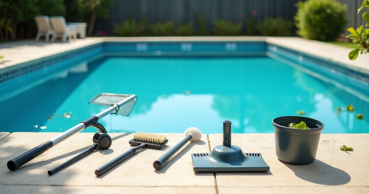 Pool net, brush and vacuum beside a backyard pool 