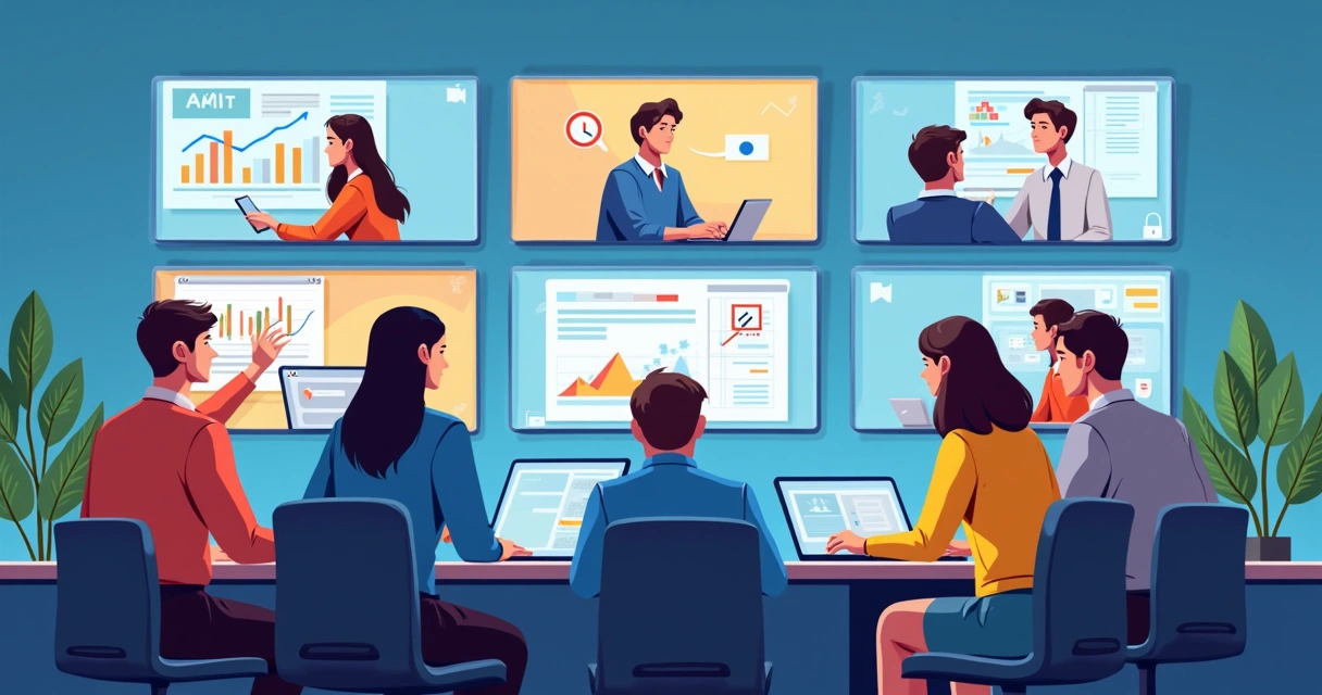 Reunião virtual com profissionais de diferentes países, telas de computador mostrando gráficos e contratos