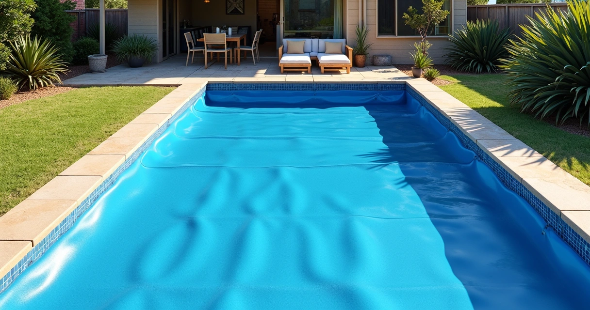 Pool with cover in Australian backyard 