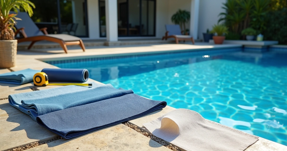 Backyard pool with cover samples and measuring tape for selection 