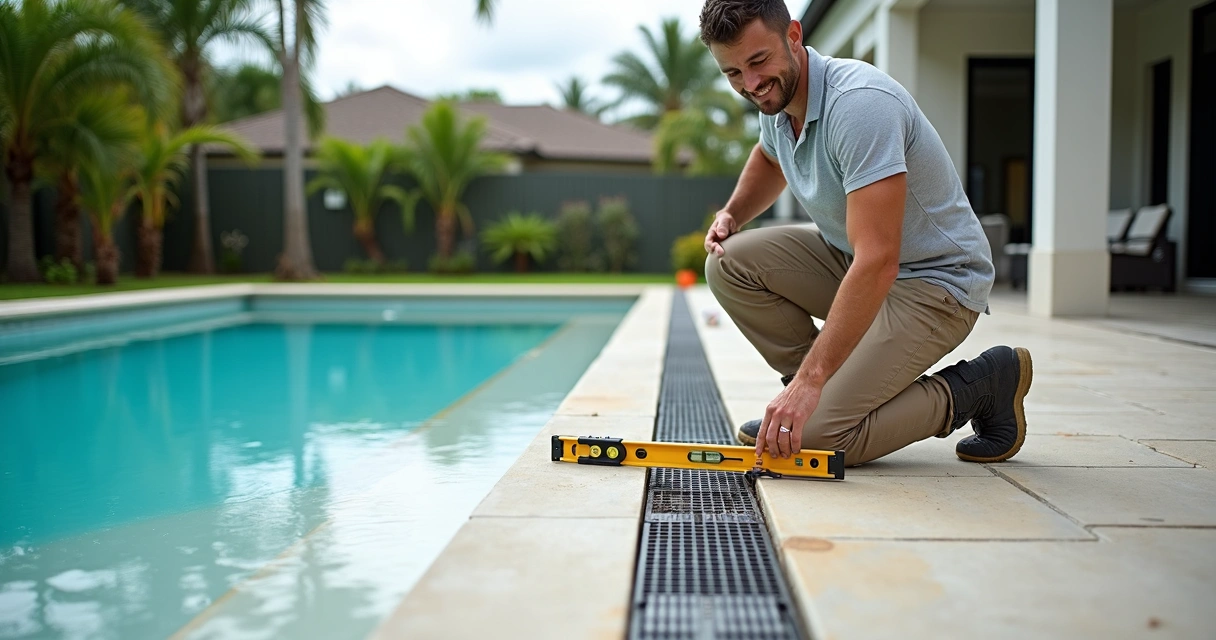 Contractor inspecting drainage channel along modern pool deck 