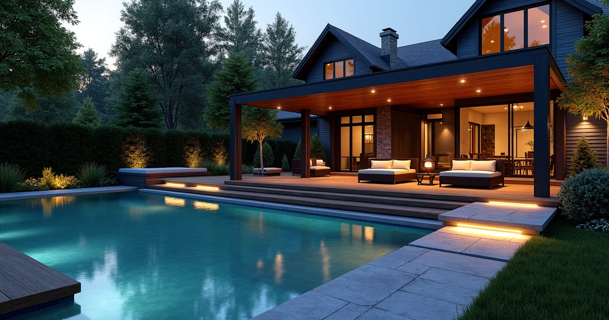 Modern pool and deck with night lighting in 3D landscape rendering