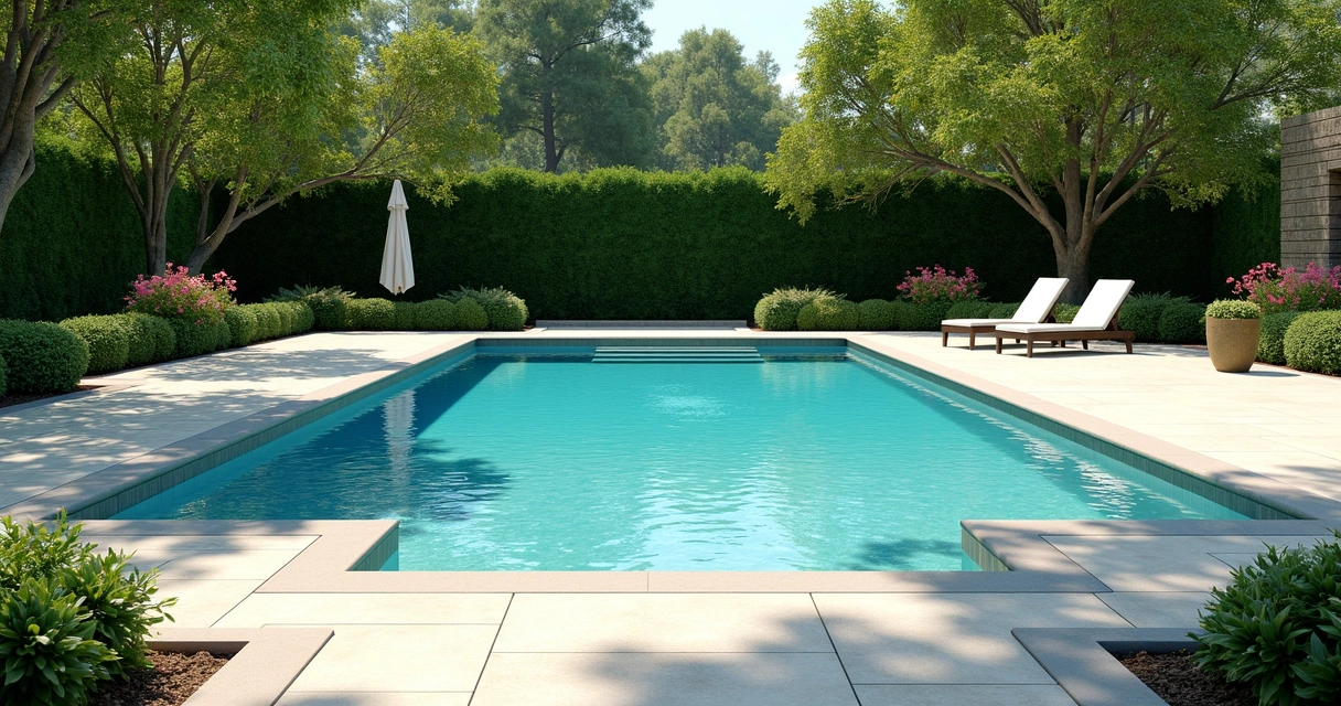 Tidy pool deck with trimmed hedges and sunlit pavers