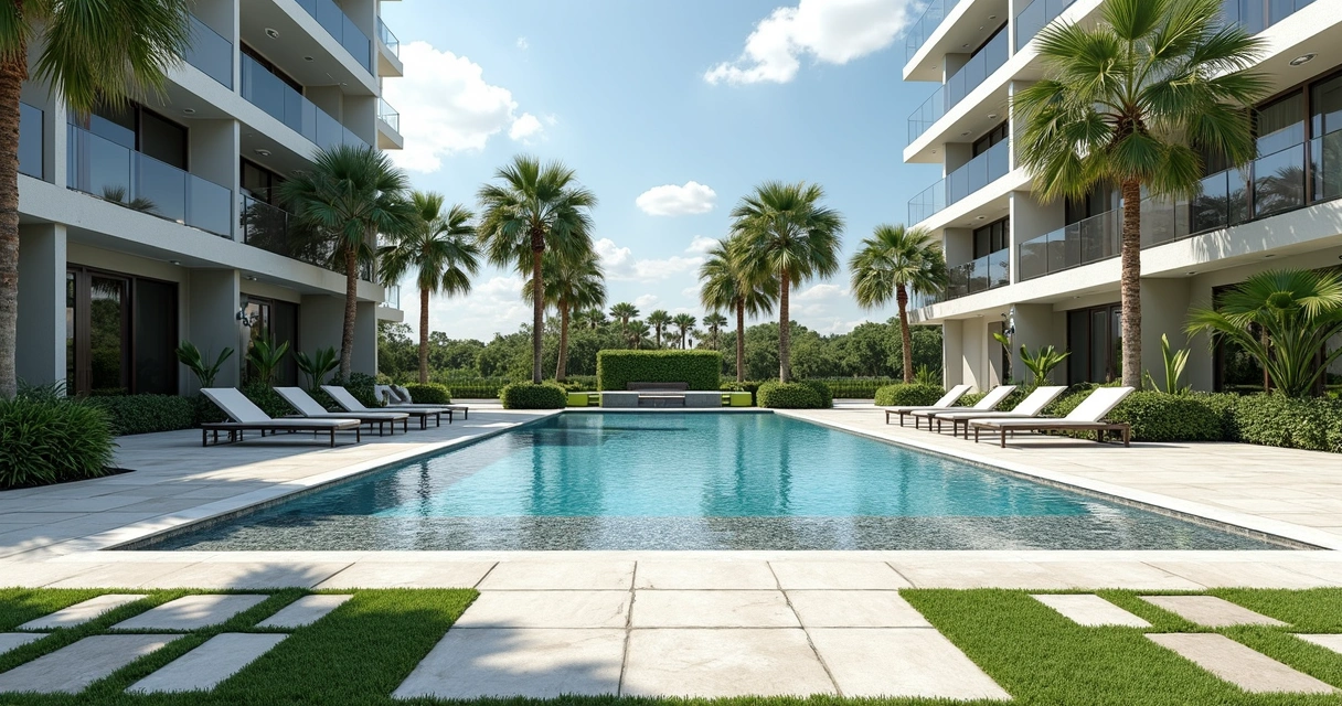 Pool deck with turf inlay and modern patio seating 
