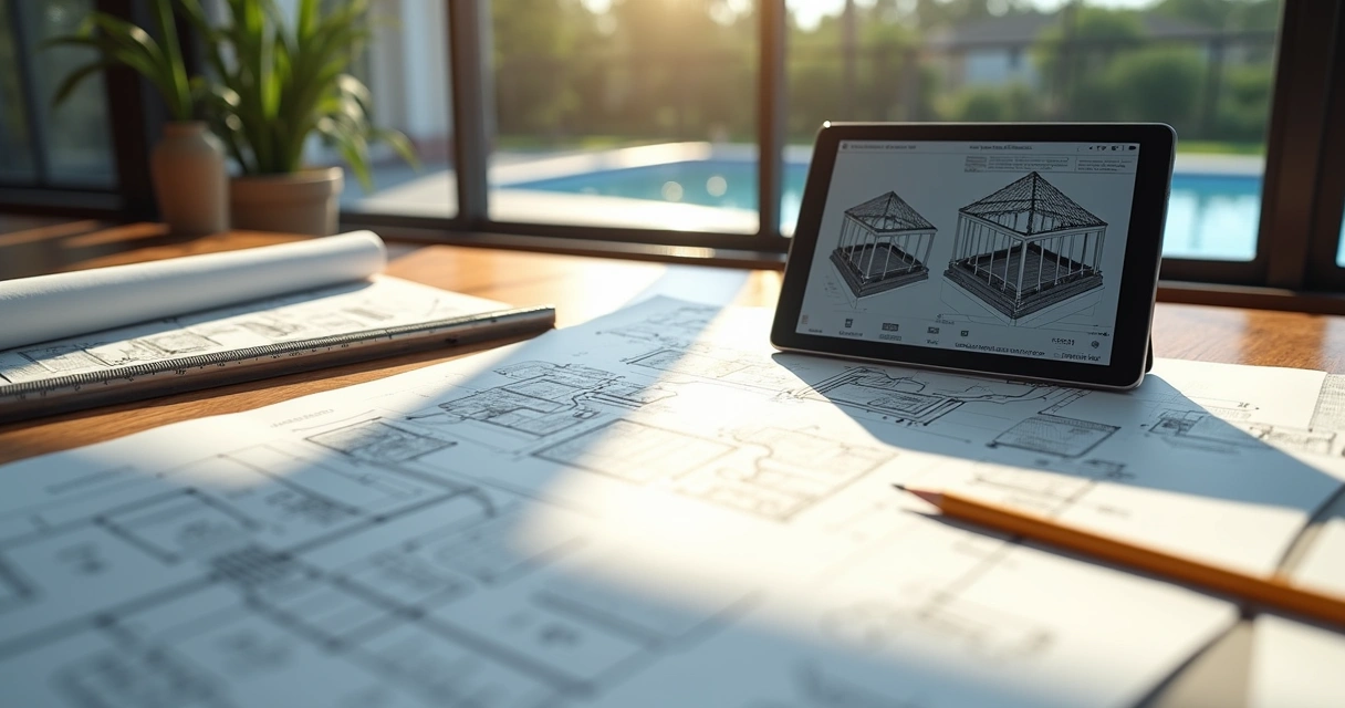Close-up of detailed engineering plans and blueprints for pool enclosure wind-load upgrades on a desk 