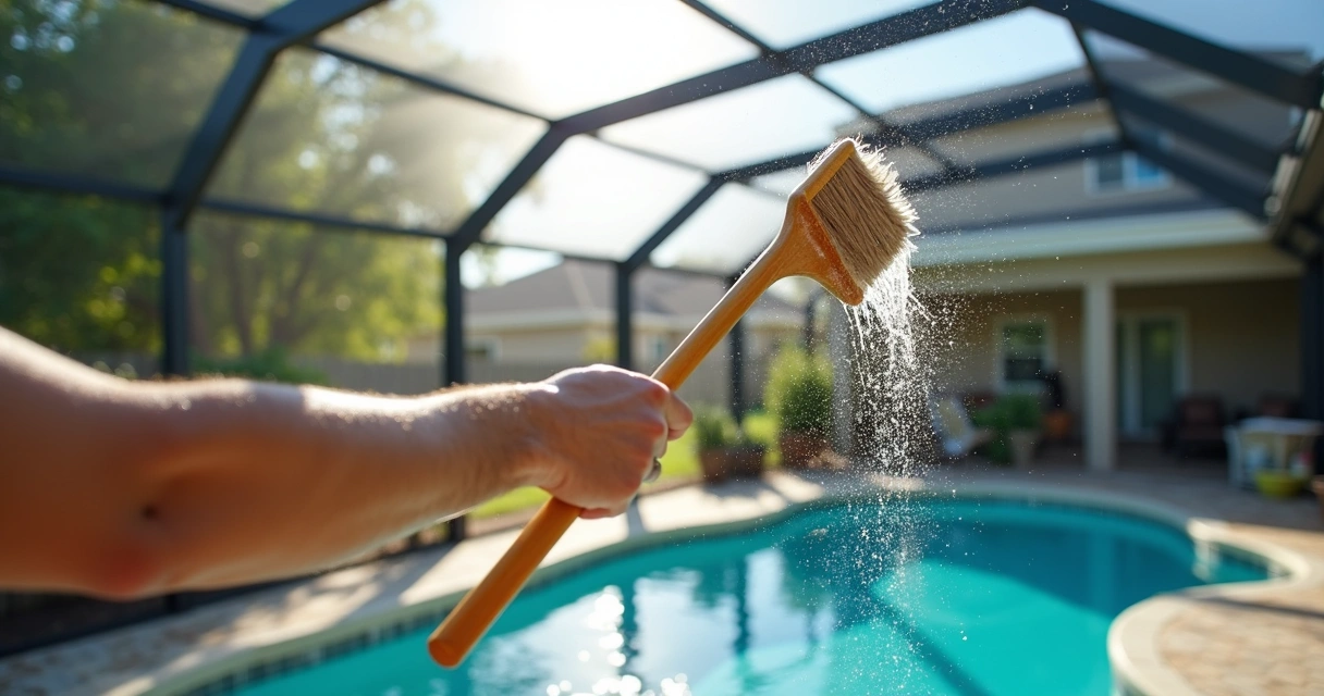 Person cleaning aluminum pool enclosure with a brush 