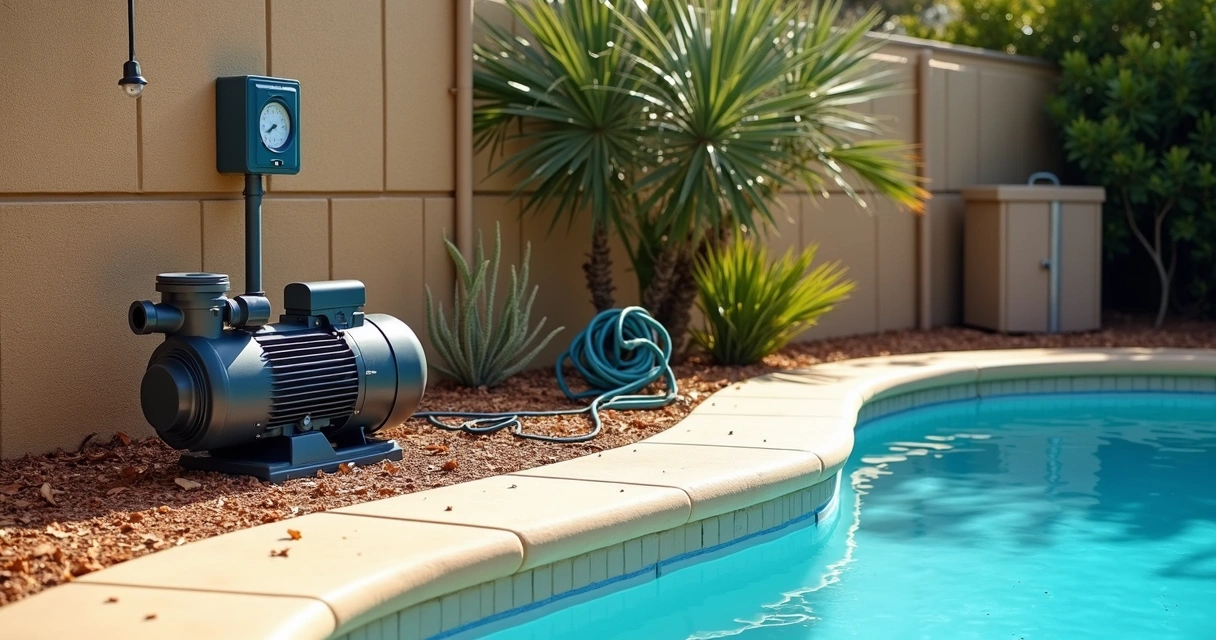 Pool pump and filter area cleared of dry leaves beside a backyard pool