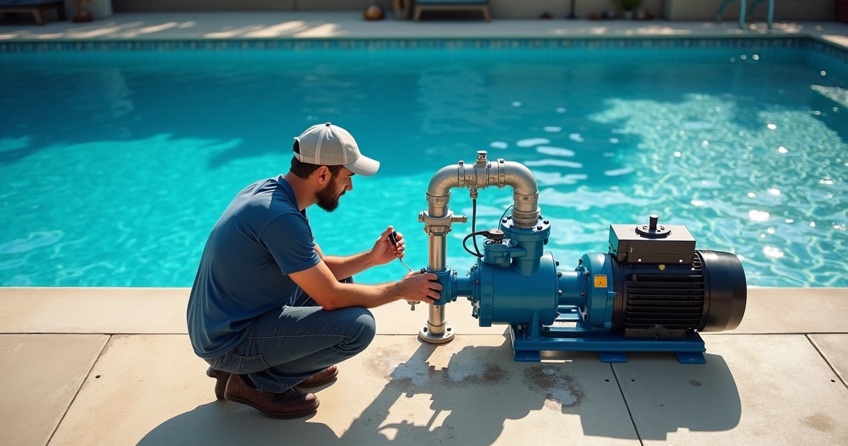 Pool technician checking pool filter and pump system 