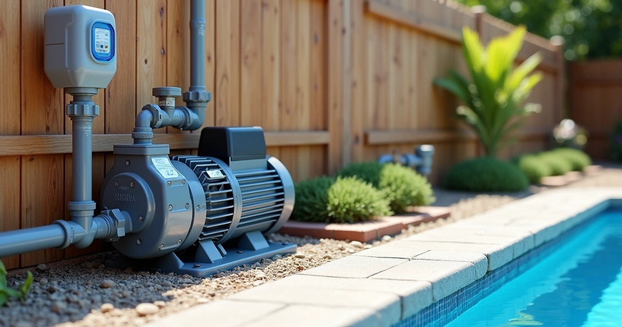 Residential pool pump and filter system beside a backyard pool 