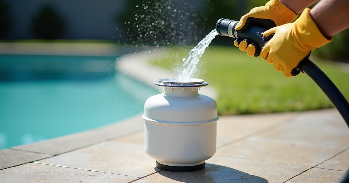 Person rinsing pool filter cartridge with hose outdoors 