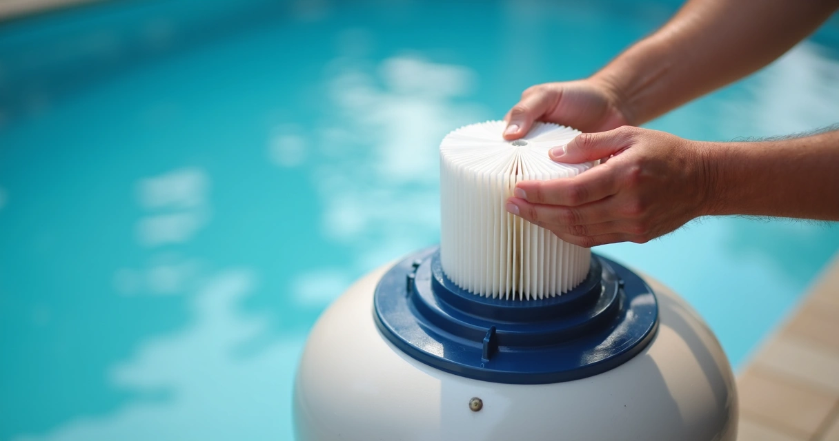 Person reinstalling clean pool filter cartridge into pool housing 