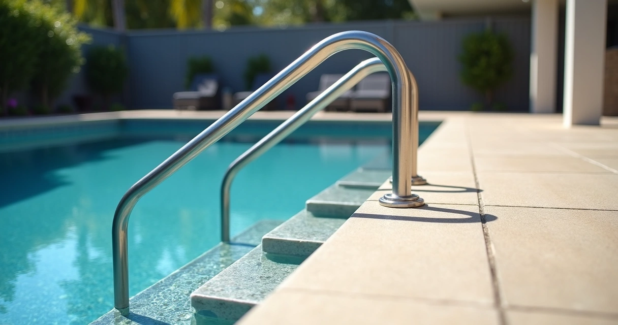Curved pool handrail beside wide entry steps 
