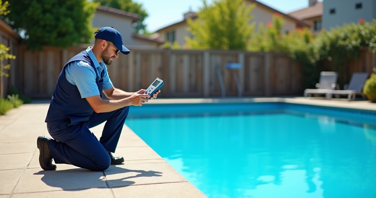 Inspector testing pool water with digital meter near family pool