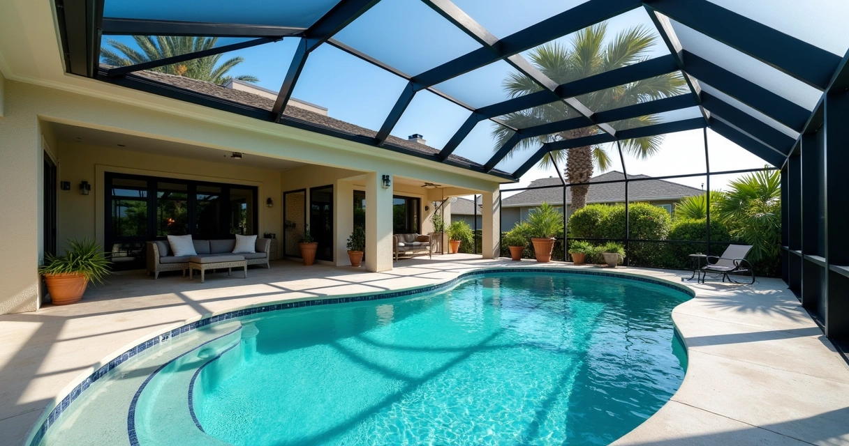 Screened pool enclosure with UV-blocking screens under clear blue sky, Florida landscaping 