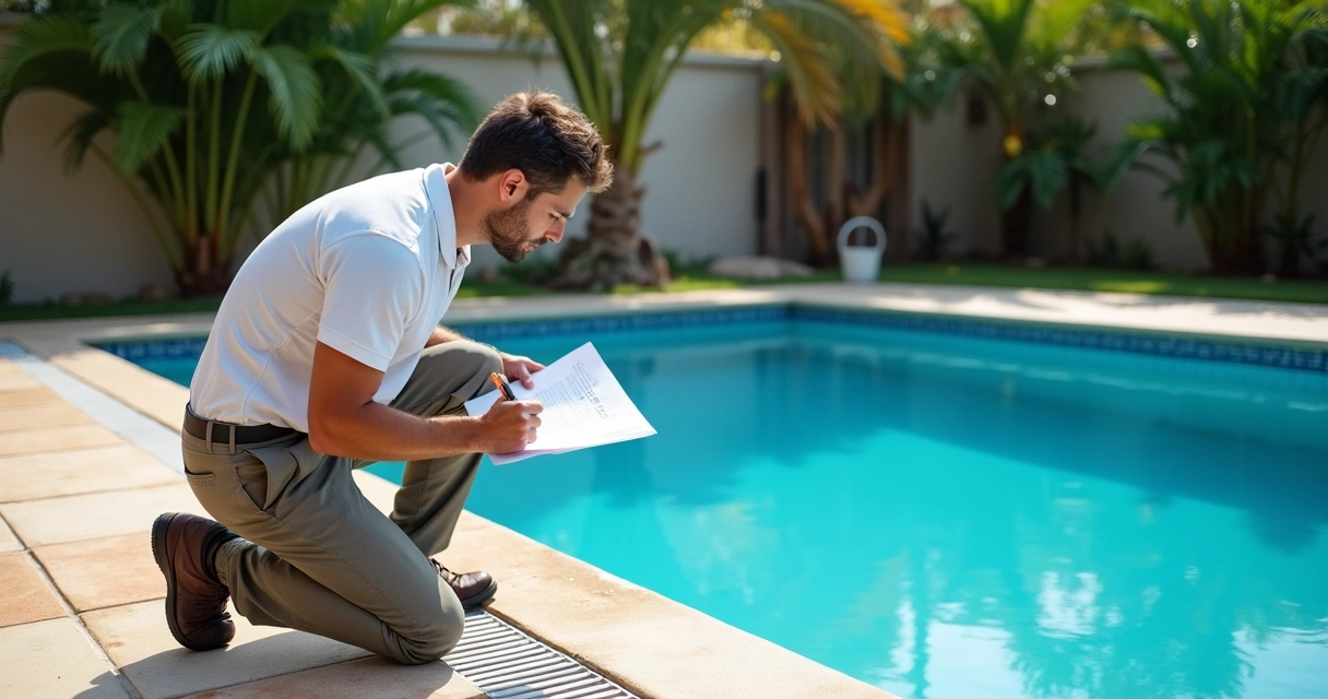 Pool owner using checklist to inspect pool for leaks 