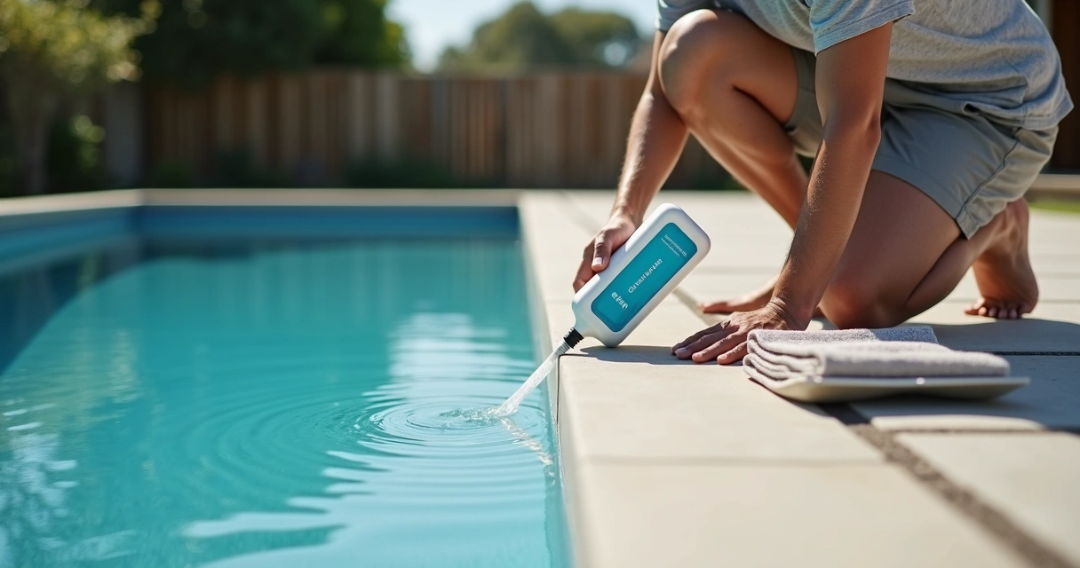 Pool owner adding leak sealer to a calm backyard pool surface 