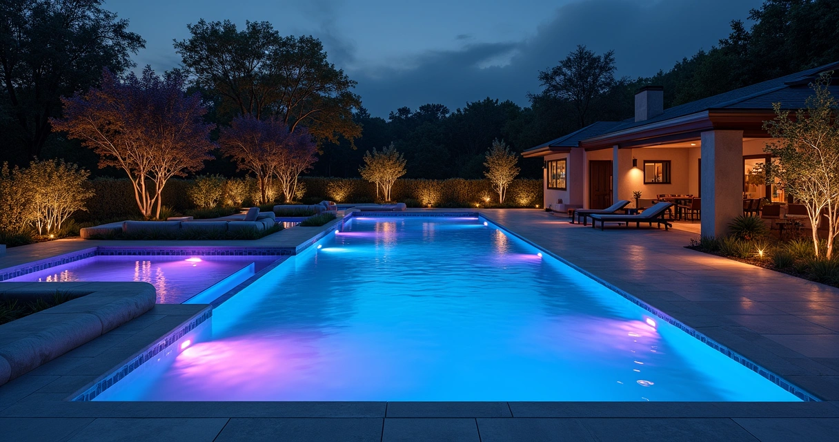 Energy-efficient pool LED lighting with various colors at dusk