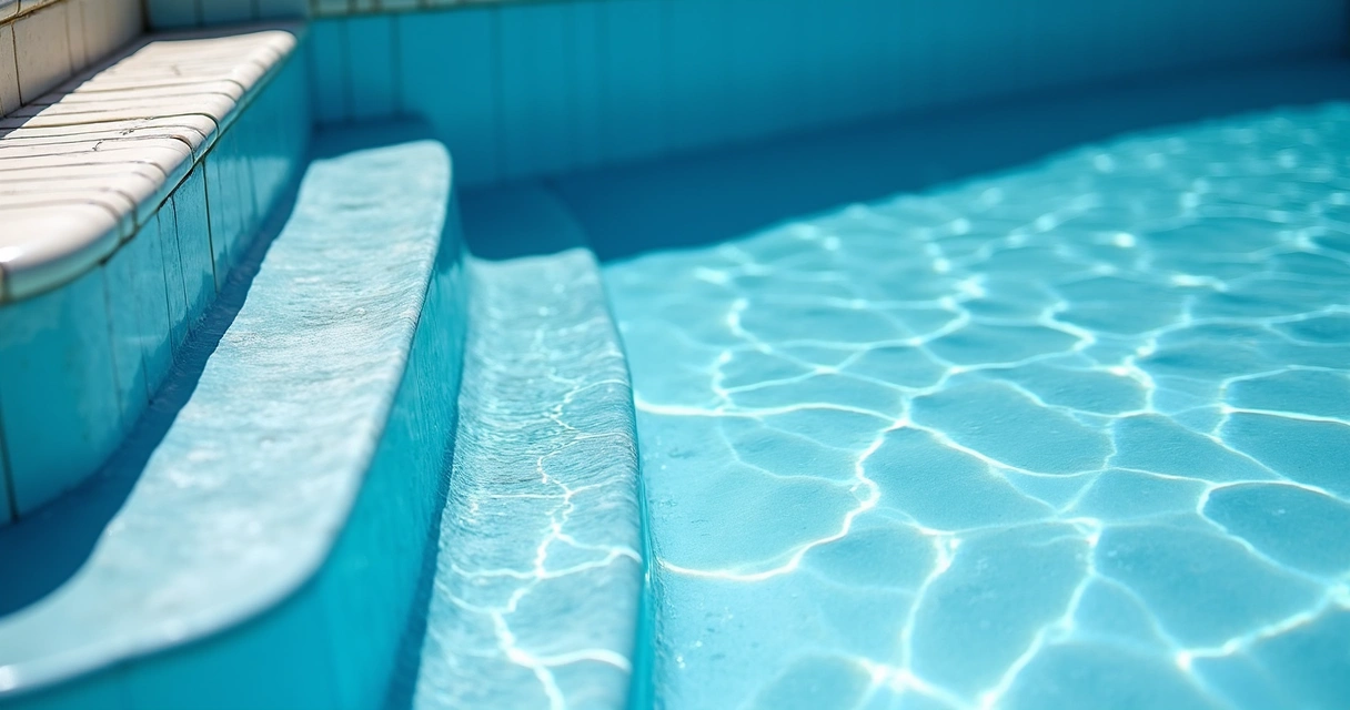 Wrinkled blue pool liner near steps