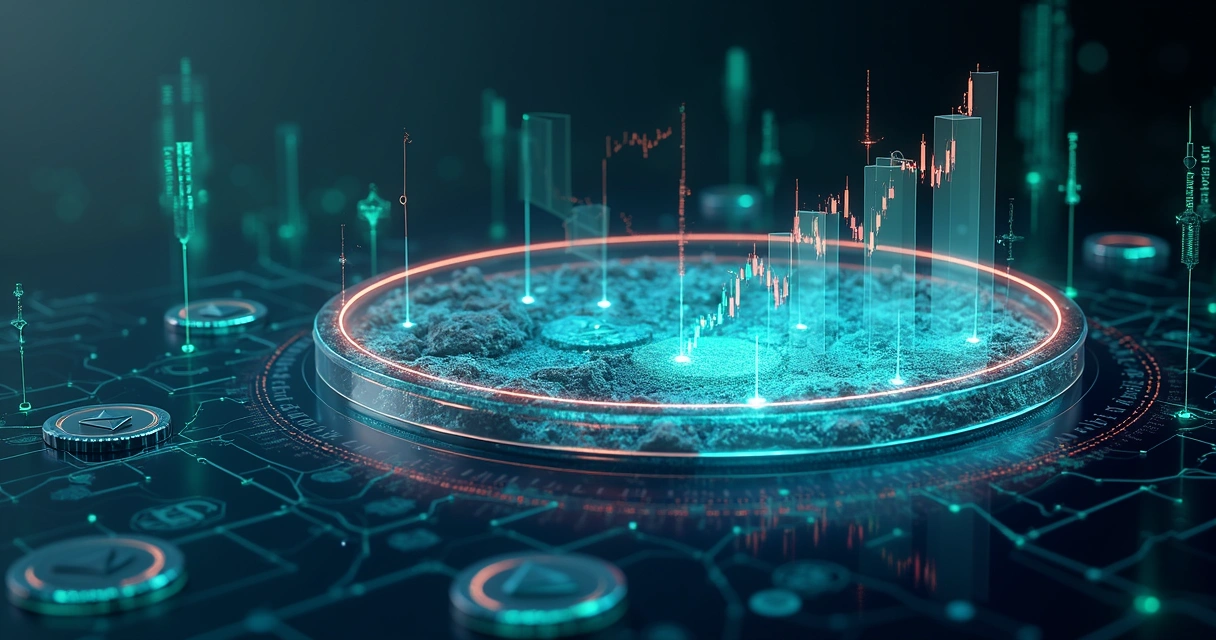 Representação hiper-realista de uma pool de liquidez em DeFi com gráficos, moedas digitais e elementos financeiros interligados 