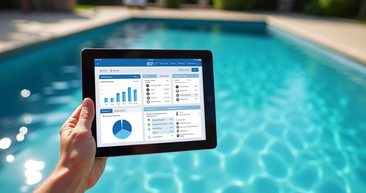 Pool maintenance history shown on a tablet by the pool 