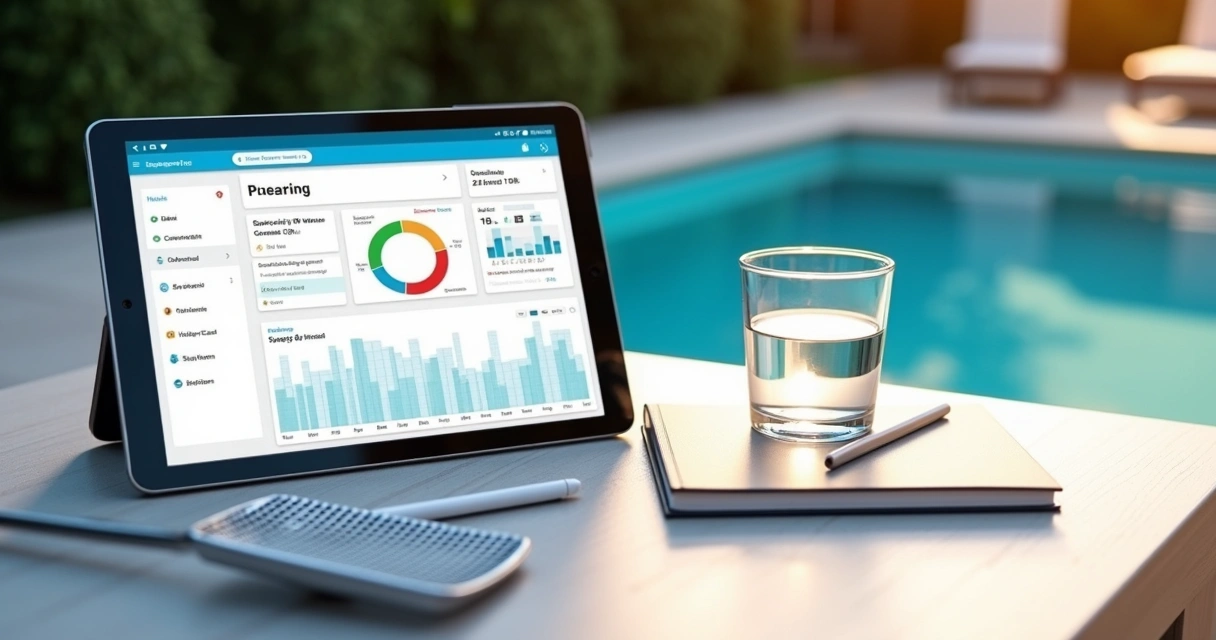 Pool maintenance dashboard with tasks charts and alerts on a tablet