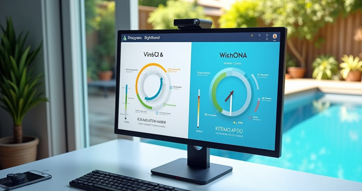 Digital dashboard with pool stats showing summer and winter metrics