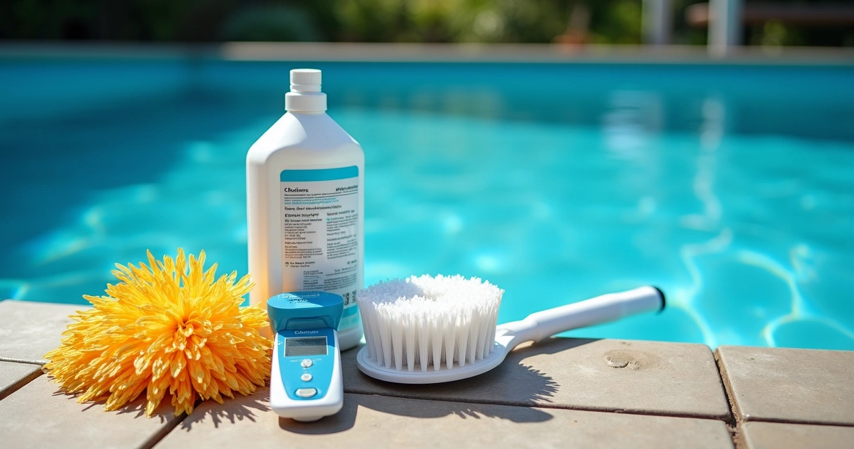 Tools and chemicals for maintaining a clear Australian backyard pool 