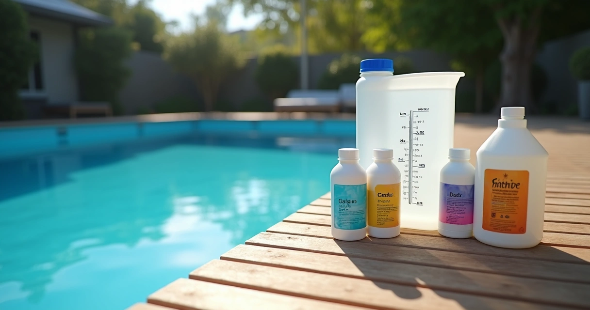Test kit, plastic pool jug, and chemical bottles on a backyard pool deck 