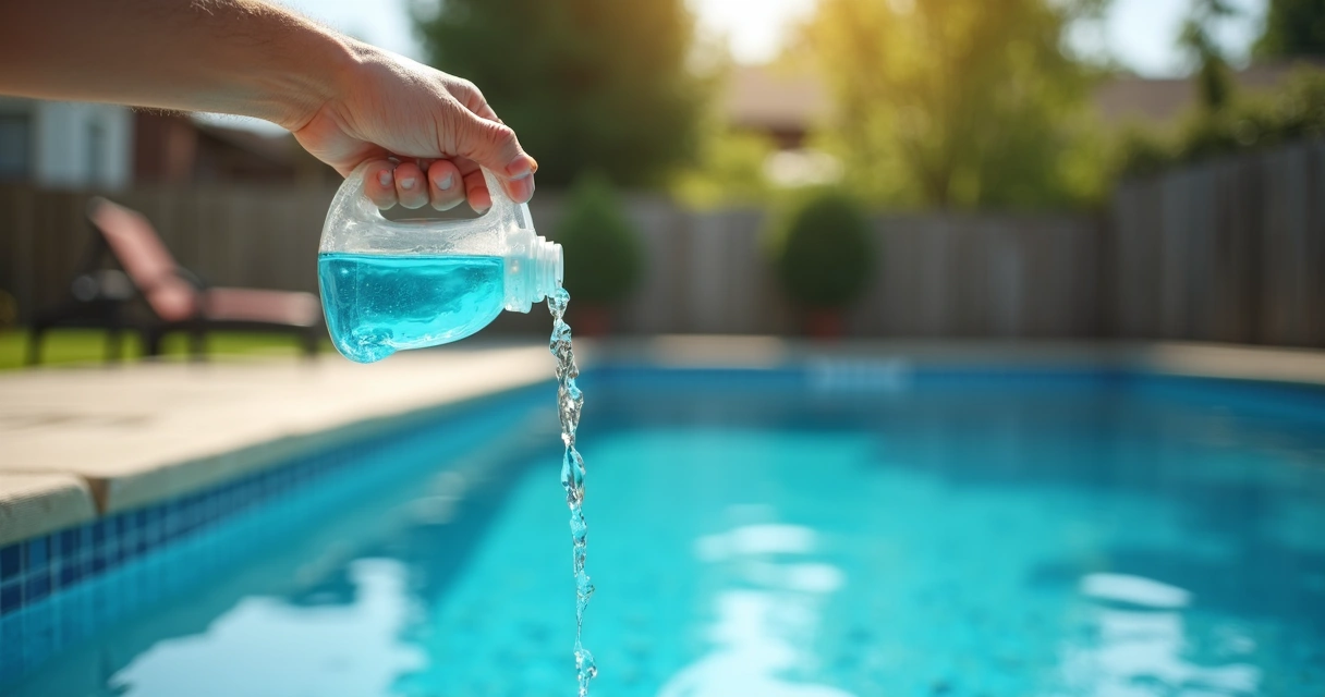 Pool owner adding liquid treatment to backyard pool 