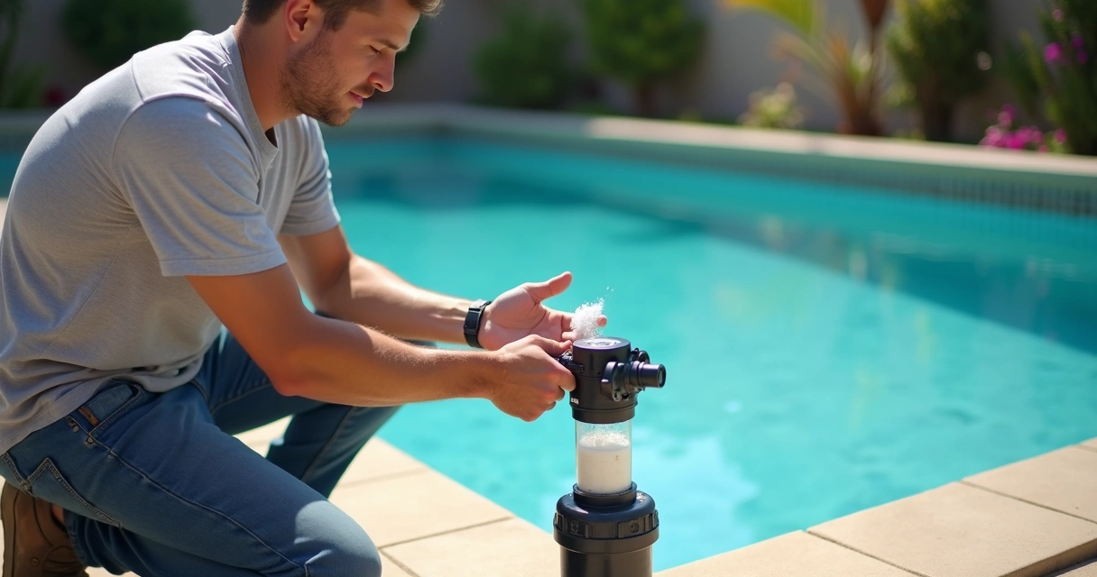 Pool owner inspecting a salt chlorinator cell beside a backyard pool 