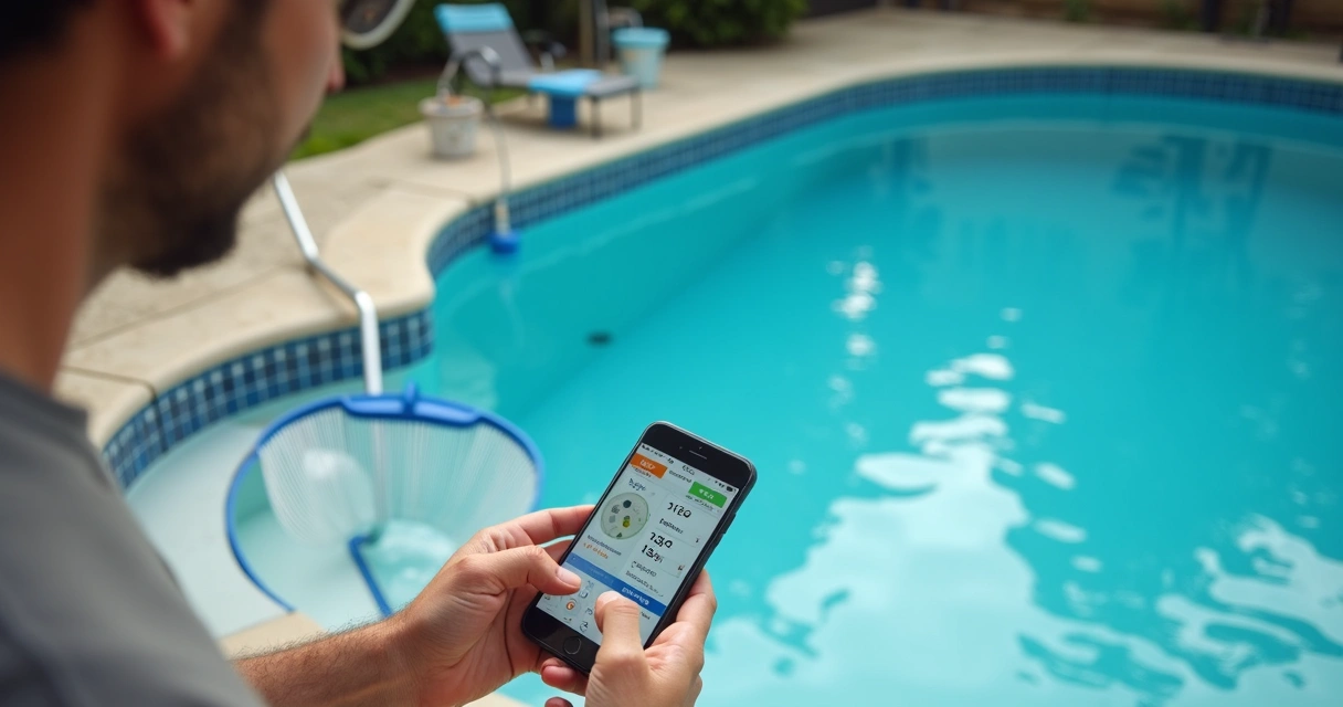 Pool owner checking water test results near pool 