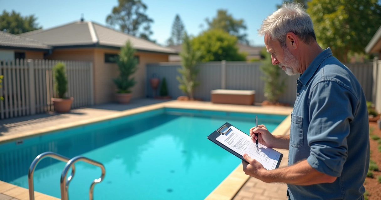 Pool owner reviewing inspection checklist beside pool barrier