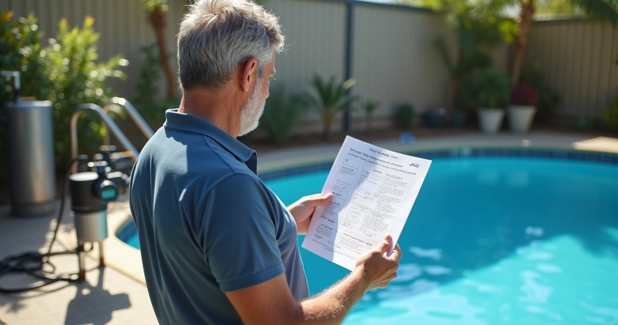 Pool owner checking test results beside pool equipment
