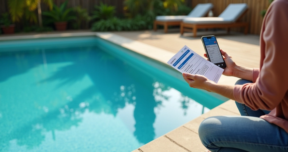 Person using smartphone to scan pool shop printout beside backyard pool