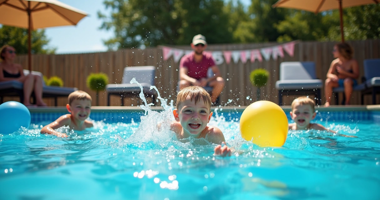 Children splashing at outdoor pool party