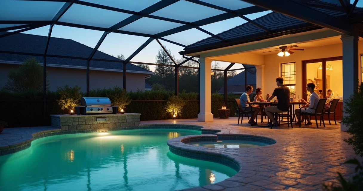 Family enjoying an evening by the pool in a screened enclosure 